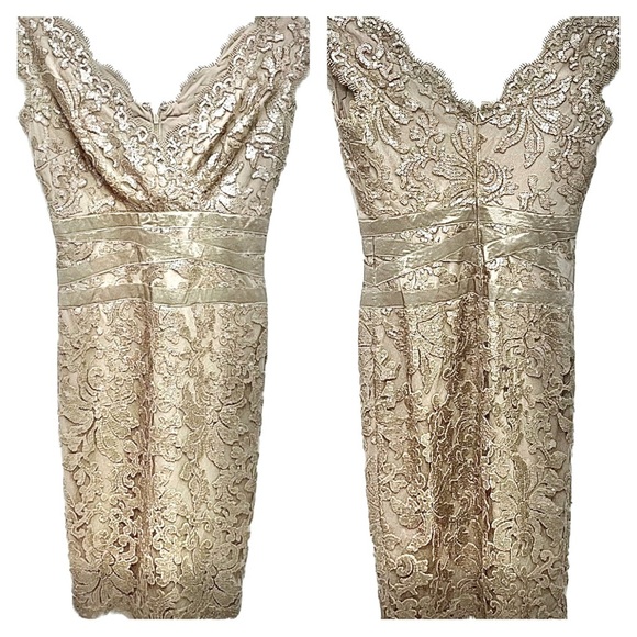 Tadashi Shoji Taupe Lace Fitted Scallop Dress 4 - Picture 5 of 9